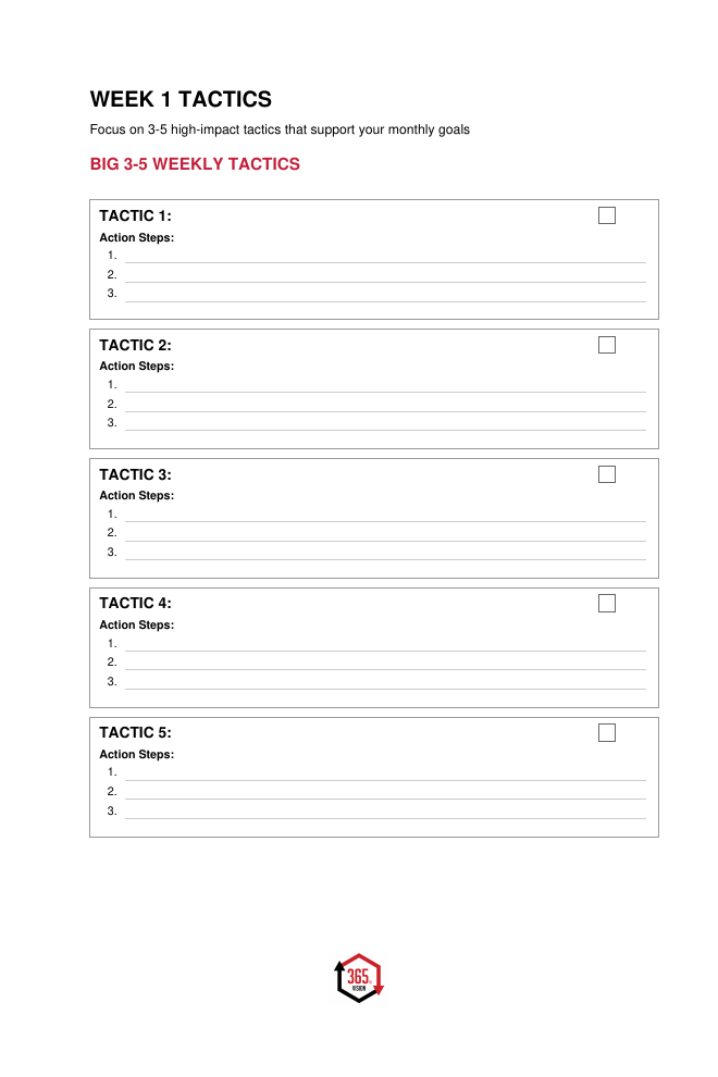 The Week 1 Tactics page from the TMI 90-Day Planner with Big 3-5 Weekly Tactics and action steps